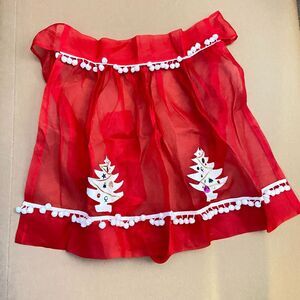 #5998 Red with White Christmas Tree Half Apron Pompoms sheer